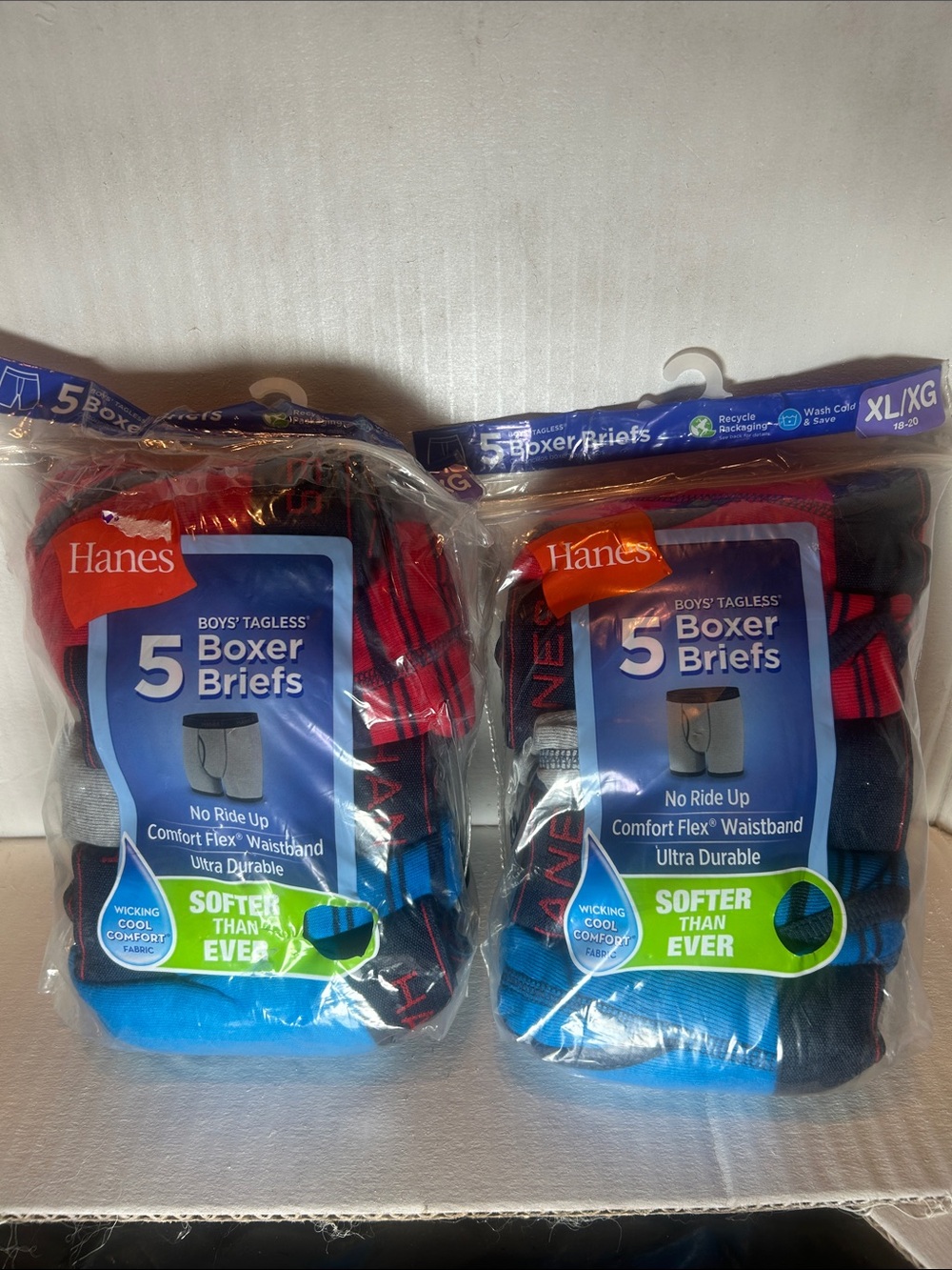 2x Hanes Boys' 5-Pack XL/XG 18-20 Tagless Boxer Briefs - Red and Blue